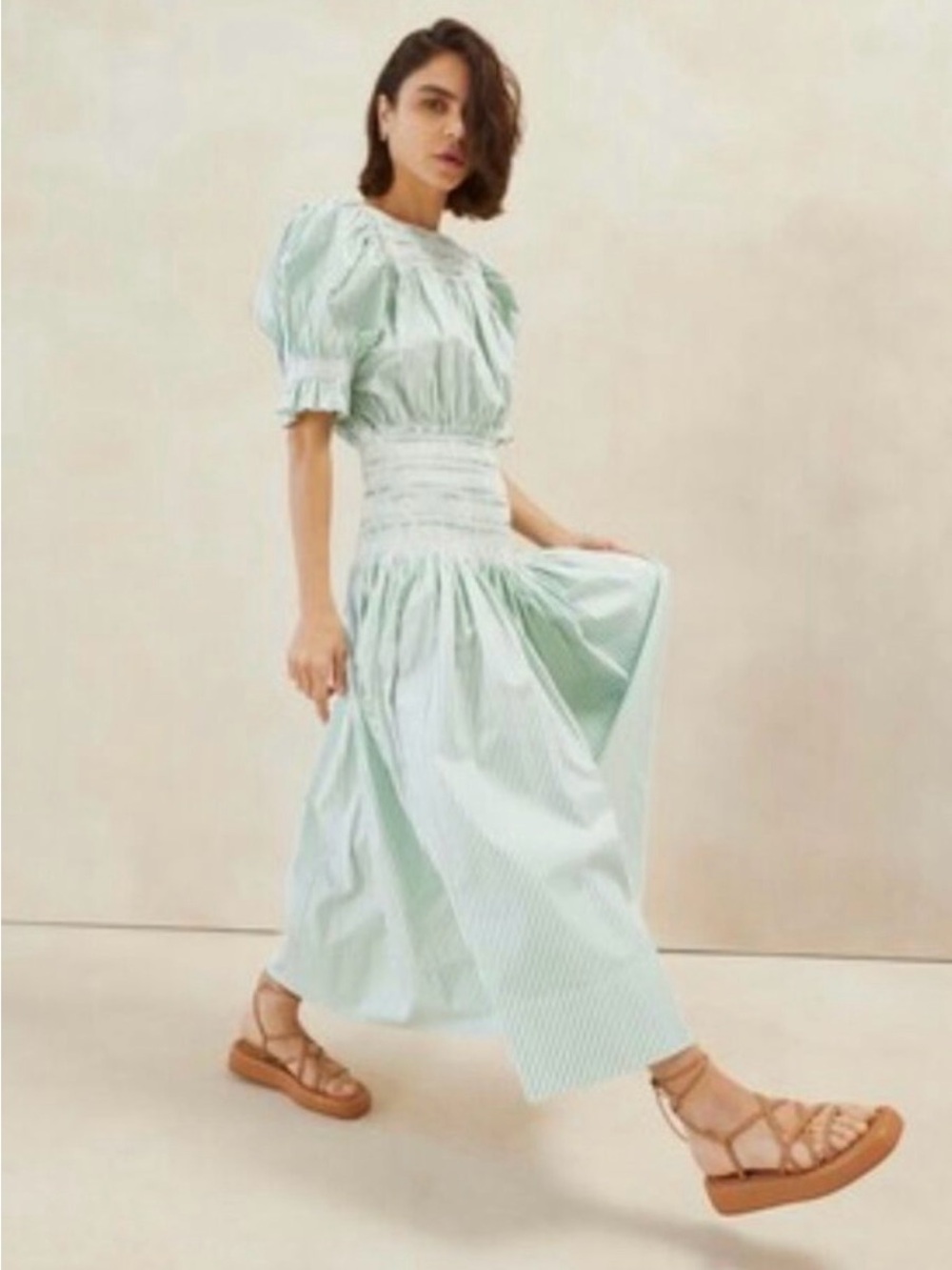 Loeffler Randall Anaís Smocked Striped Midi Dress Size XS